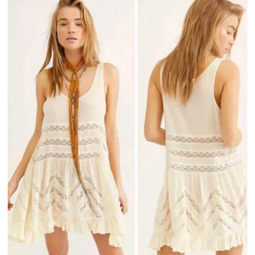 FREE PEOPLE Sz M Boho Lace Trapeze Mini Dress / Tunic - Lemonade Tea Combo